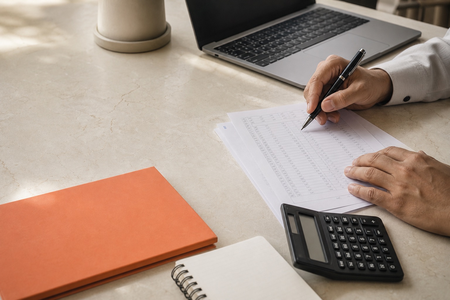 Financial ledger, calculator and orange folder on a desk