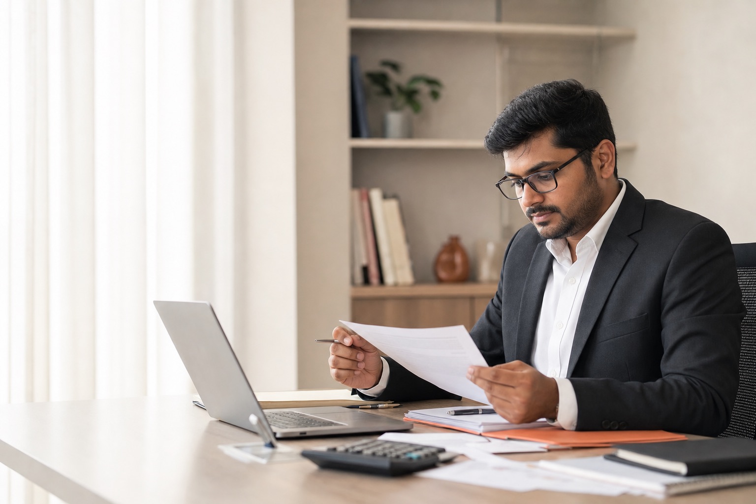 Chartered accountant reviewing documents beside a laptop in a bright office